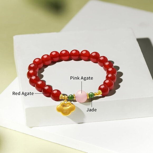 Sterling Silver Red Agate Beaded Ruyi Stretch Bracelets for Women - Handmade Nat - Picture 3 of 7